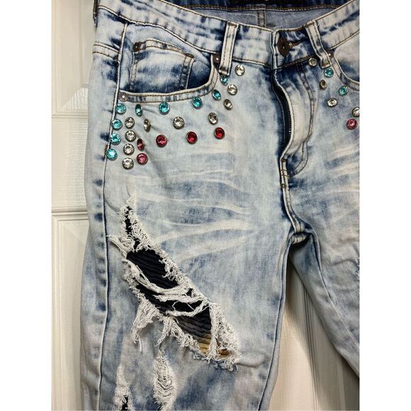 Majestik Jeans Mens Size 30/32 Light Wash Blue Slim Straight Studded Distressed - Picture 5 of 12